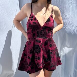 Maroon and Black Velvet Detailed Romper